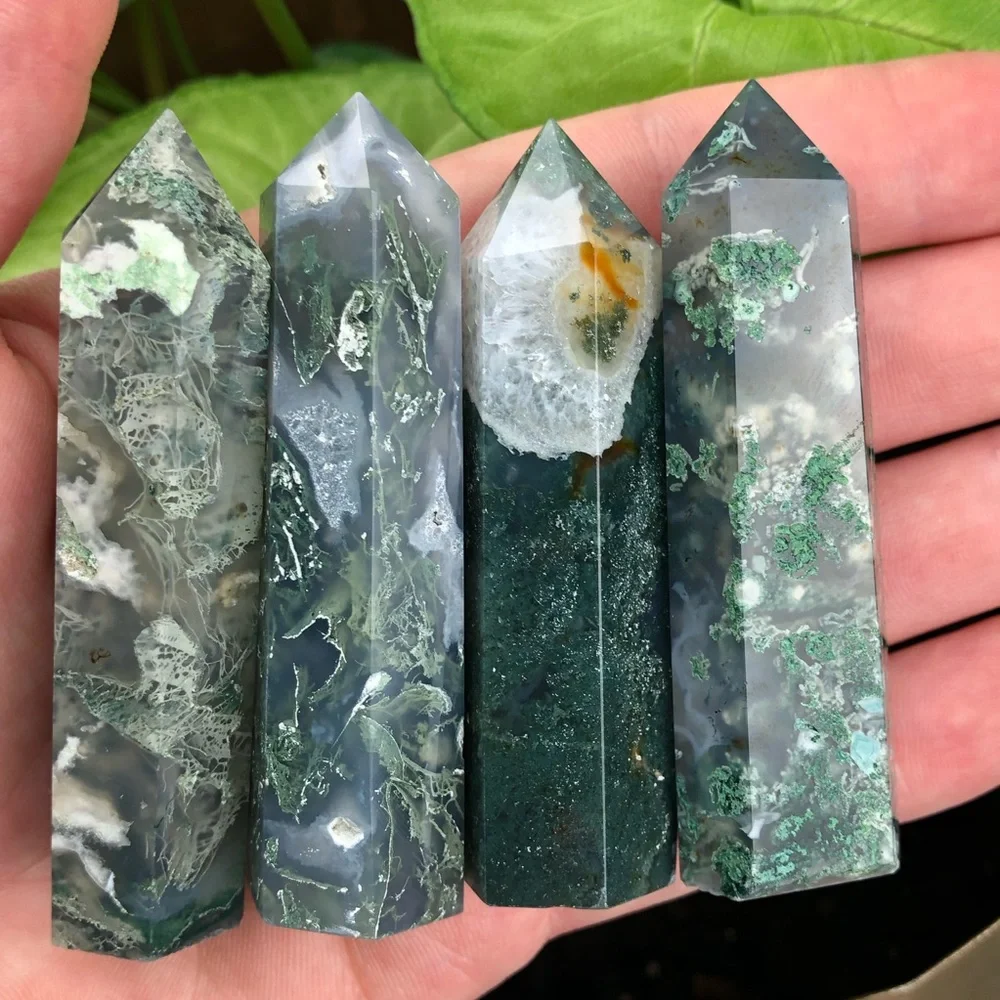 Green Moss Agate stone crystal healing tower pyramid point obelisk wand rock - Picture 5 of 15